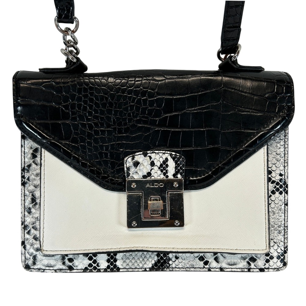Aldo Black and White Snakeskin Croc Embossed Crossbody Handbag Silver Hardware